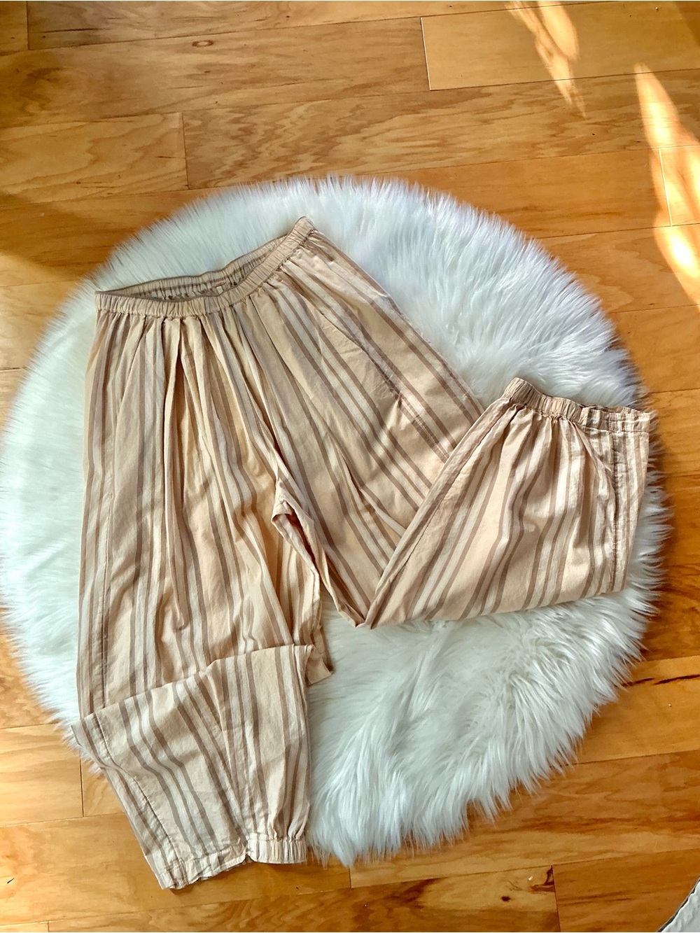 Free People Beige & Taupe Striped Elastic-Balloon Leg Waist Pants